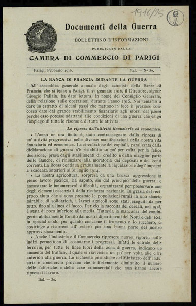 Documenti della guerra : bollettino d'informazioni pubblicato dalla Camera di commercio di Parigi